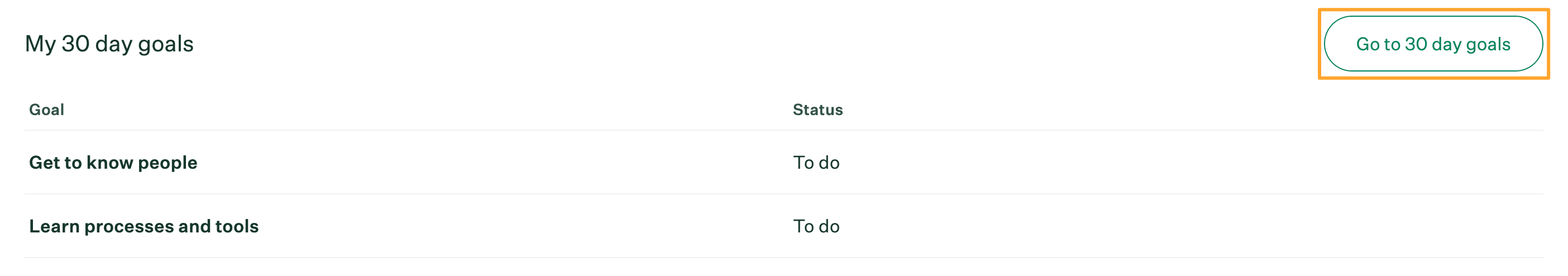 My 30 day goals widget with go to 30 day goals button highlighted