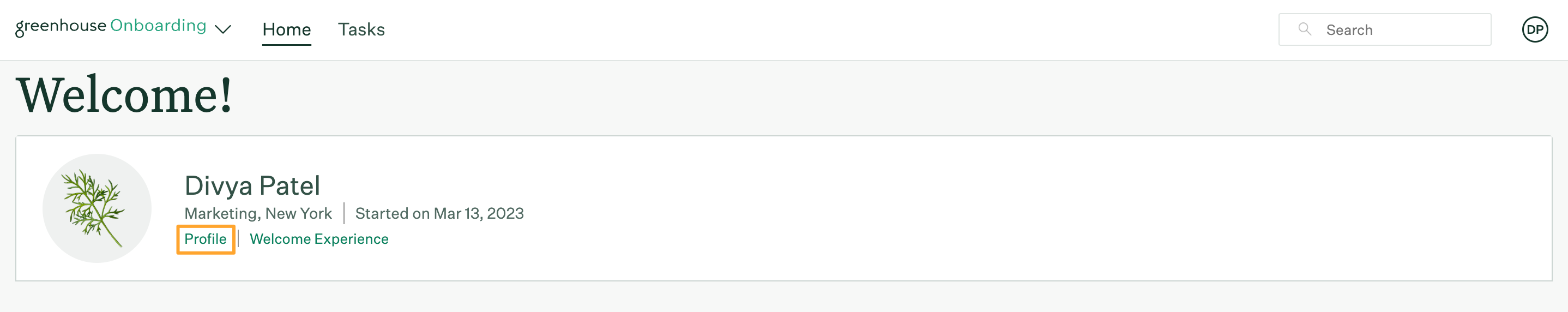 New hire view of Greenhouse Onboarding homepage with Profile button highlighted in employee details