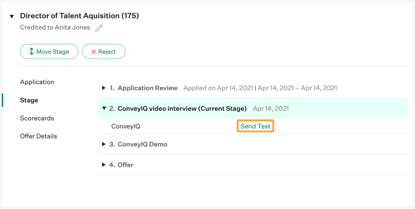 ConveyIQ video interview stage shows Send Test button highlighted in marigold emphasis box