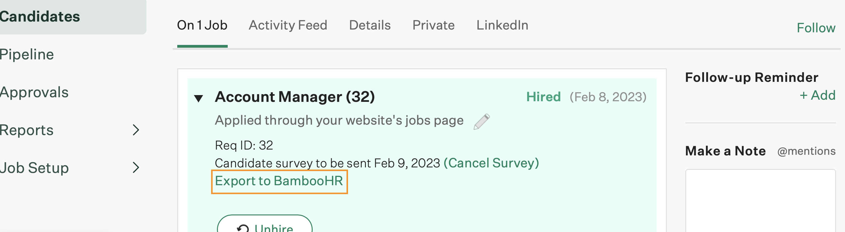 An example candidate profile shows the Export to BambooHR button highlighted