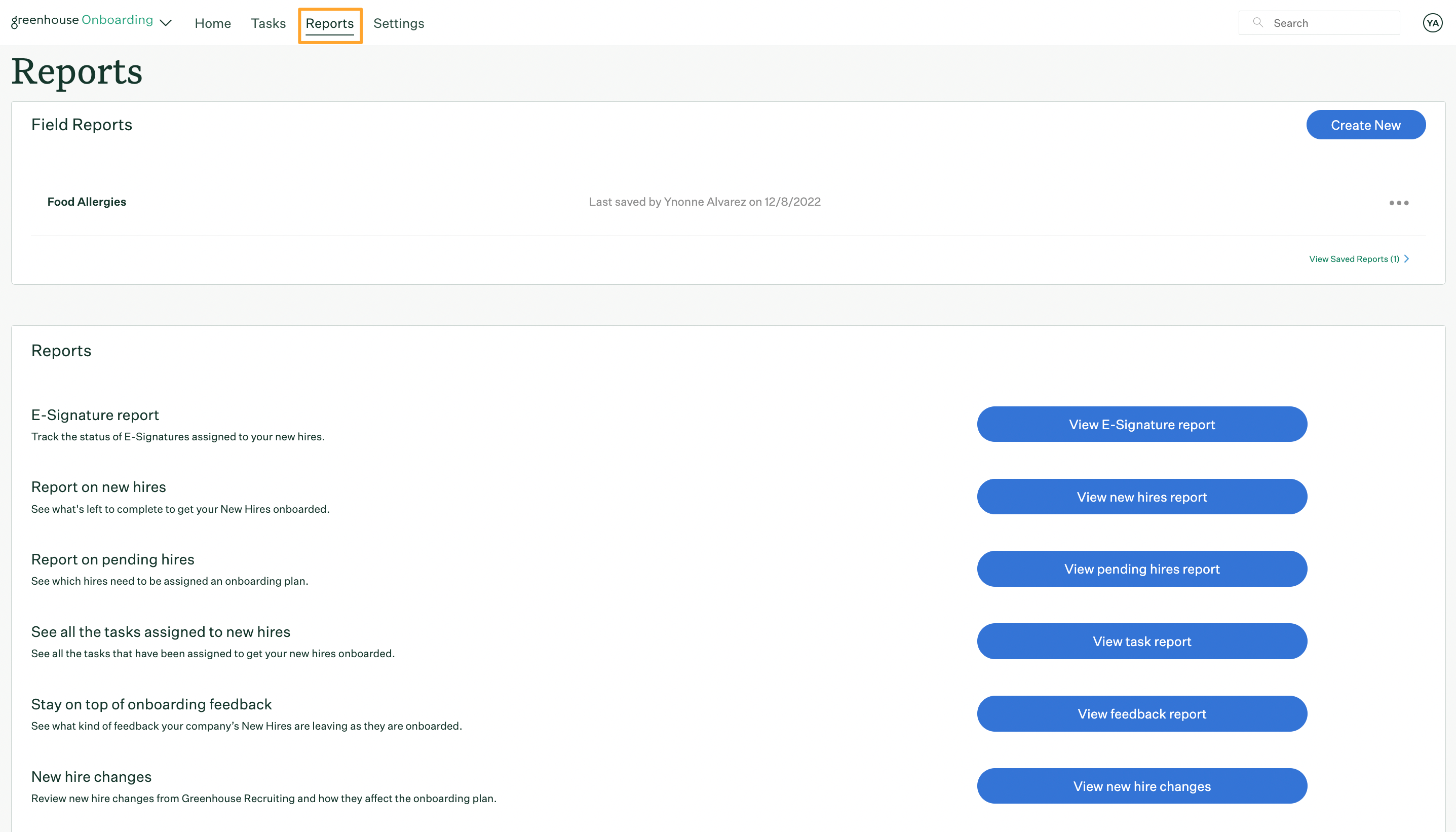 Greenhouse Onboarding reports page with reports tab highlighted in the navigation bar