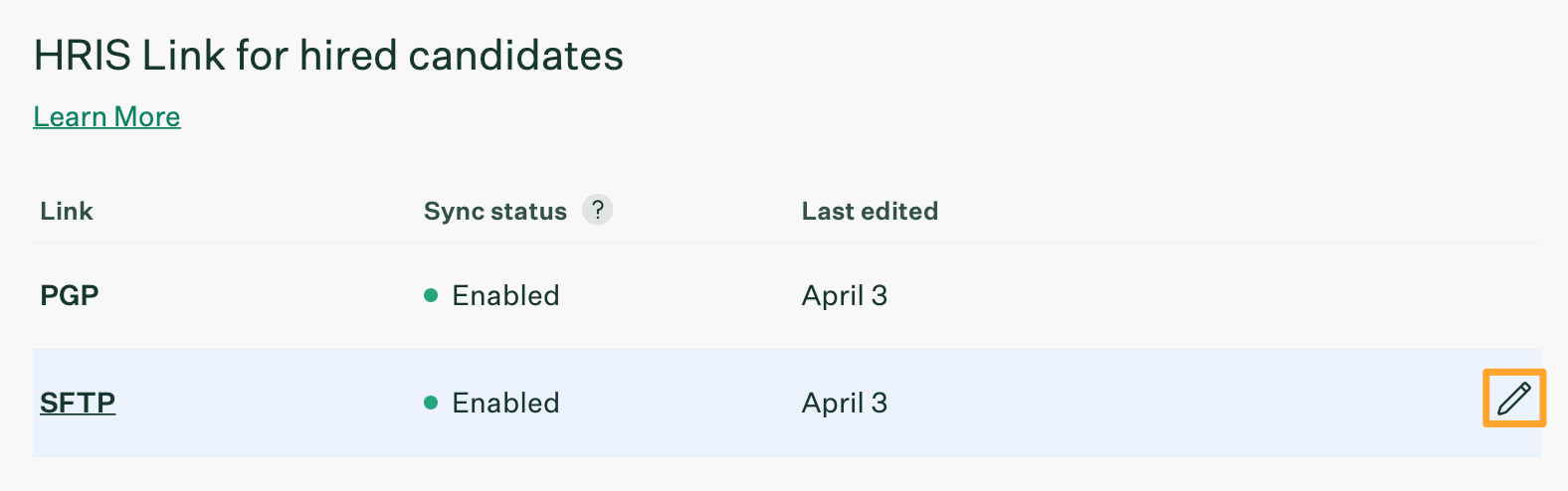 An_example_HRIS_Link_for_hired_candidates_SFTP_setup_is_shown_with_the_Edit_icon_highlighted_in_marigold_emphasis_box.png