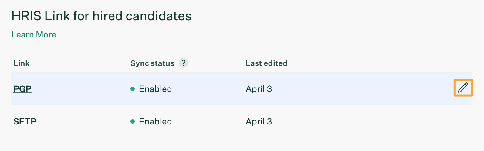 An_example_HRIS_Link_for_hired_candidates_setup_shows_PGP_encryption_enabled_and_the_Edit_icon_highlighted_in_marigold_emphasis_box.png