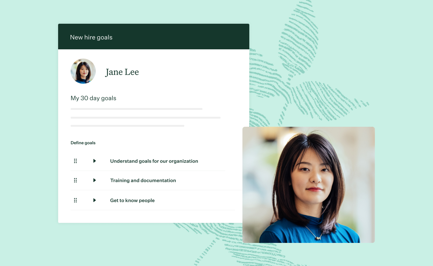 View of the new hire goals page in Greenhouse Onboarding and an image of a woman overlaying a green background with a leaf