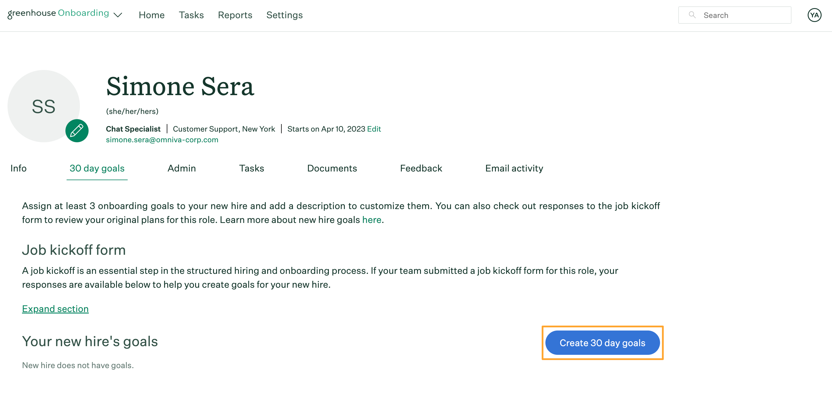 Employee profile for a new hire without goals and create 30 day goals button highlighted