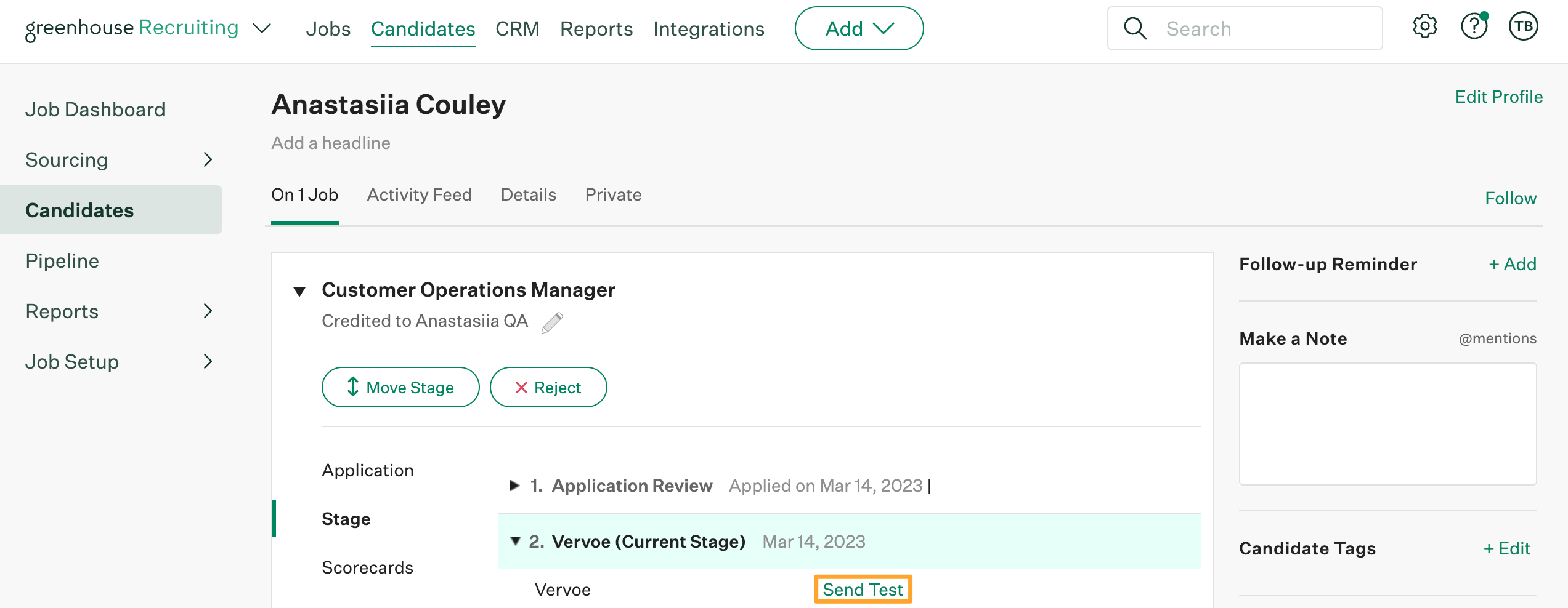 The Vervoe integration shows Send test button highlighted in marigold on a candidate's Vervoe interview stage in Greenhouse Recruiting