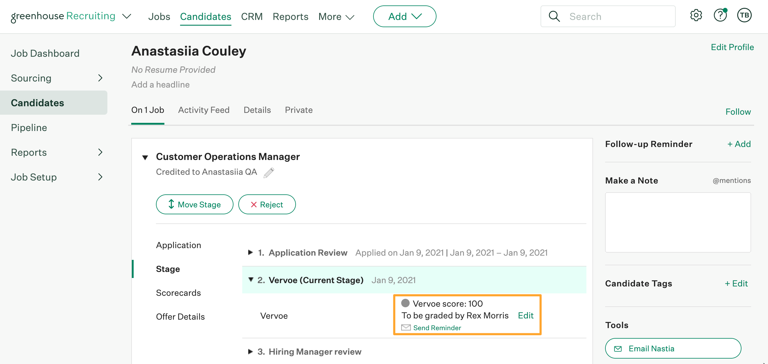 The Vervoe integration on Greenhouse Recruiting shows an example completed take home test score of 100 to be graded by Rex Morris