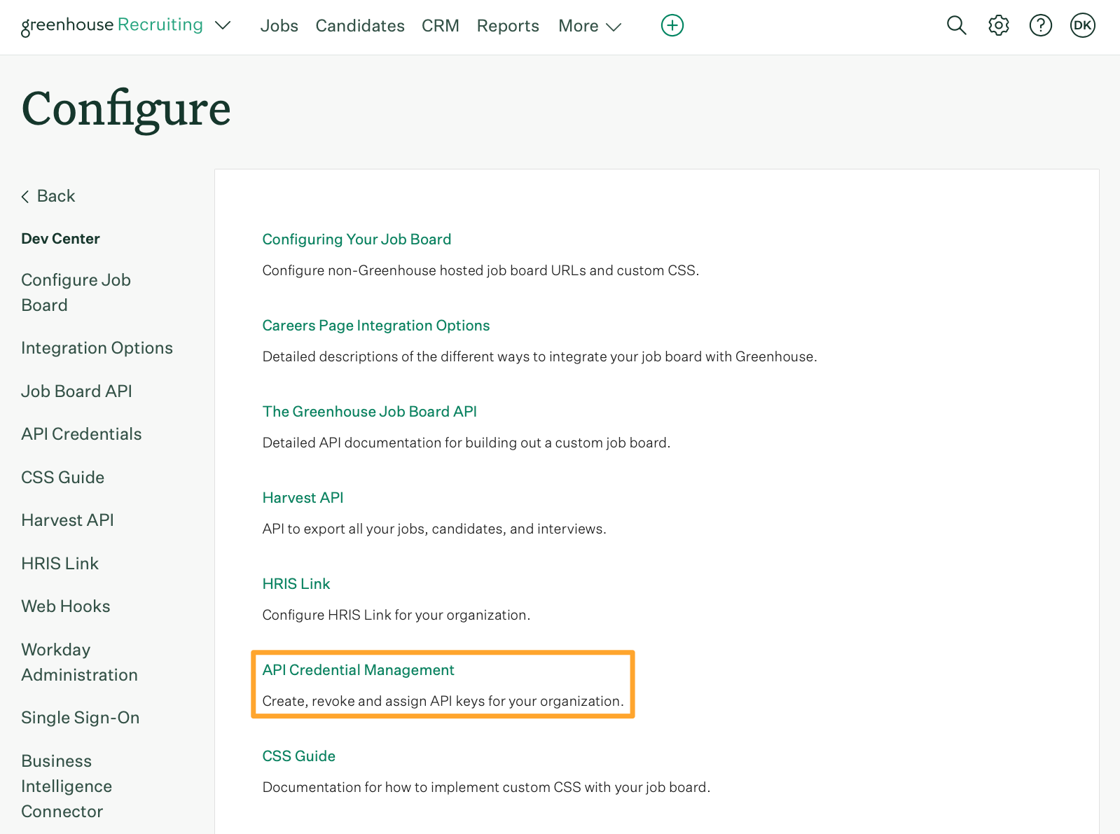 The Dev Center page shows API Credential Management highlighted in marigold in the middle of the page
