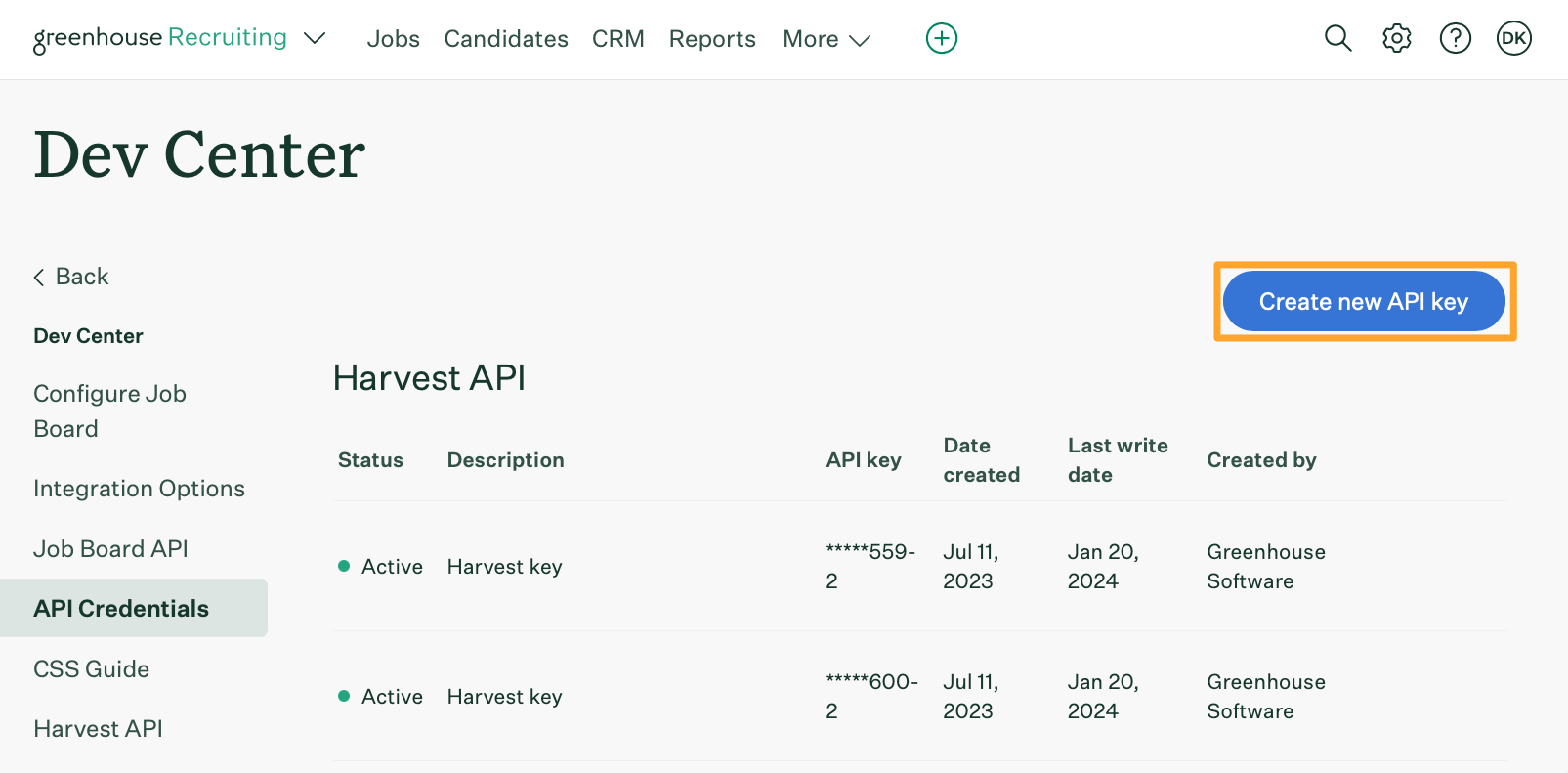 The API Credentials page shows the Create new API key button highlighted in marigold at the top right