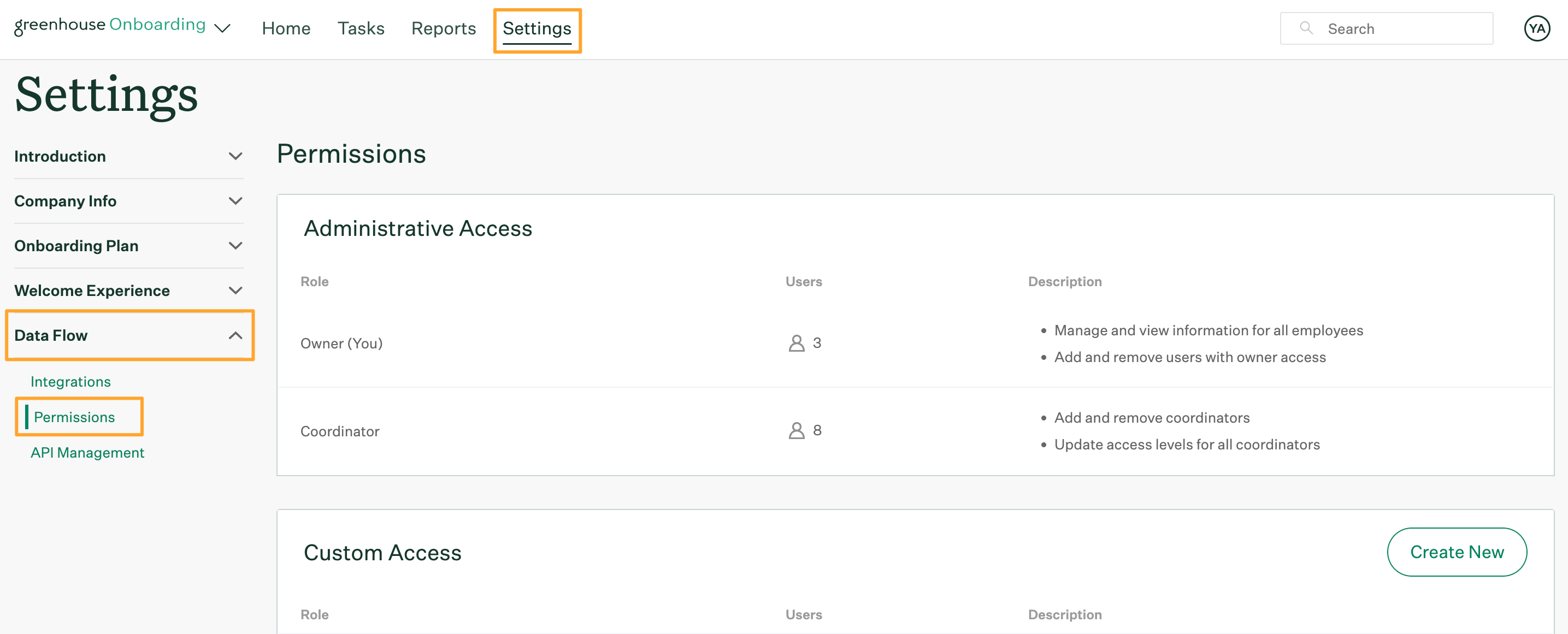 Greenhouse Onboarding permissions page with the settings data flow and permissions tabs highlighted