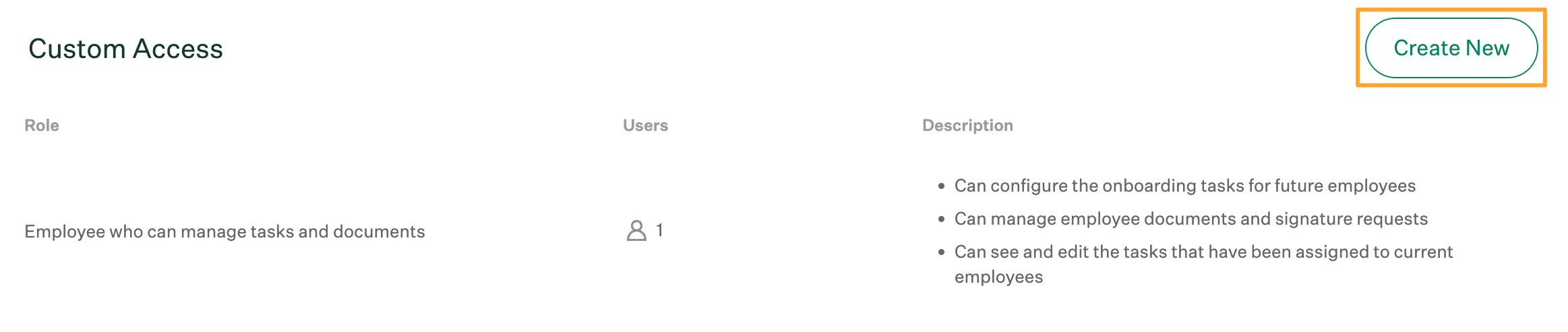 Greenhouse Onboarding custom access permissions panel with the create new button highlighted