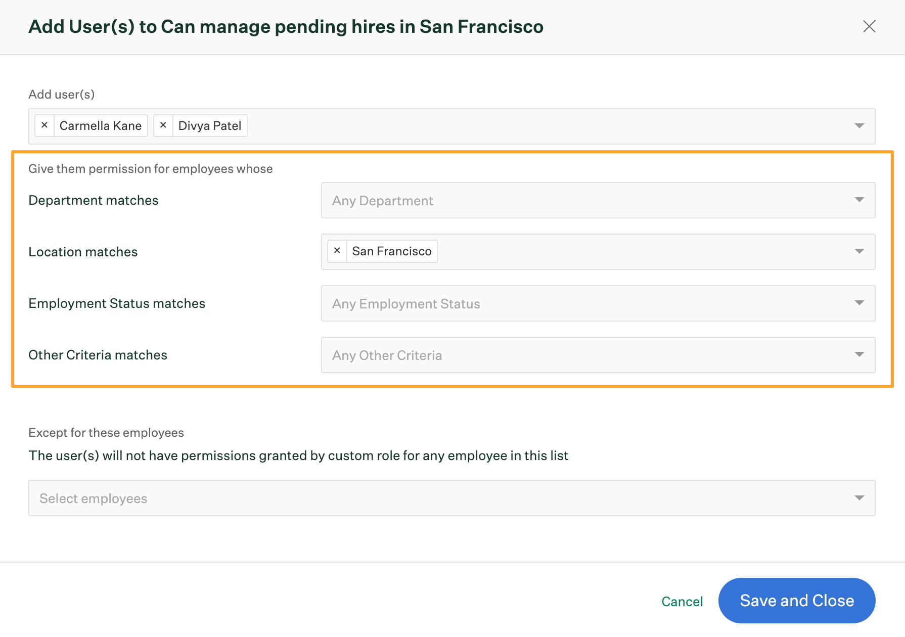 Add users window with permissions rules fields highlighted and pending hire location field set to San Francisco