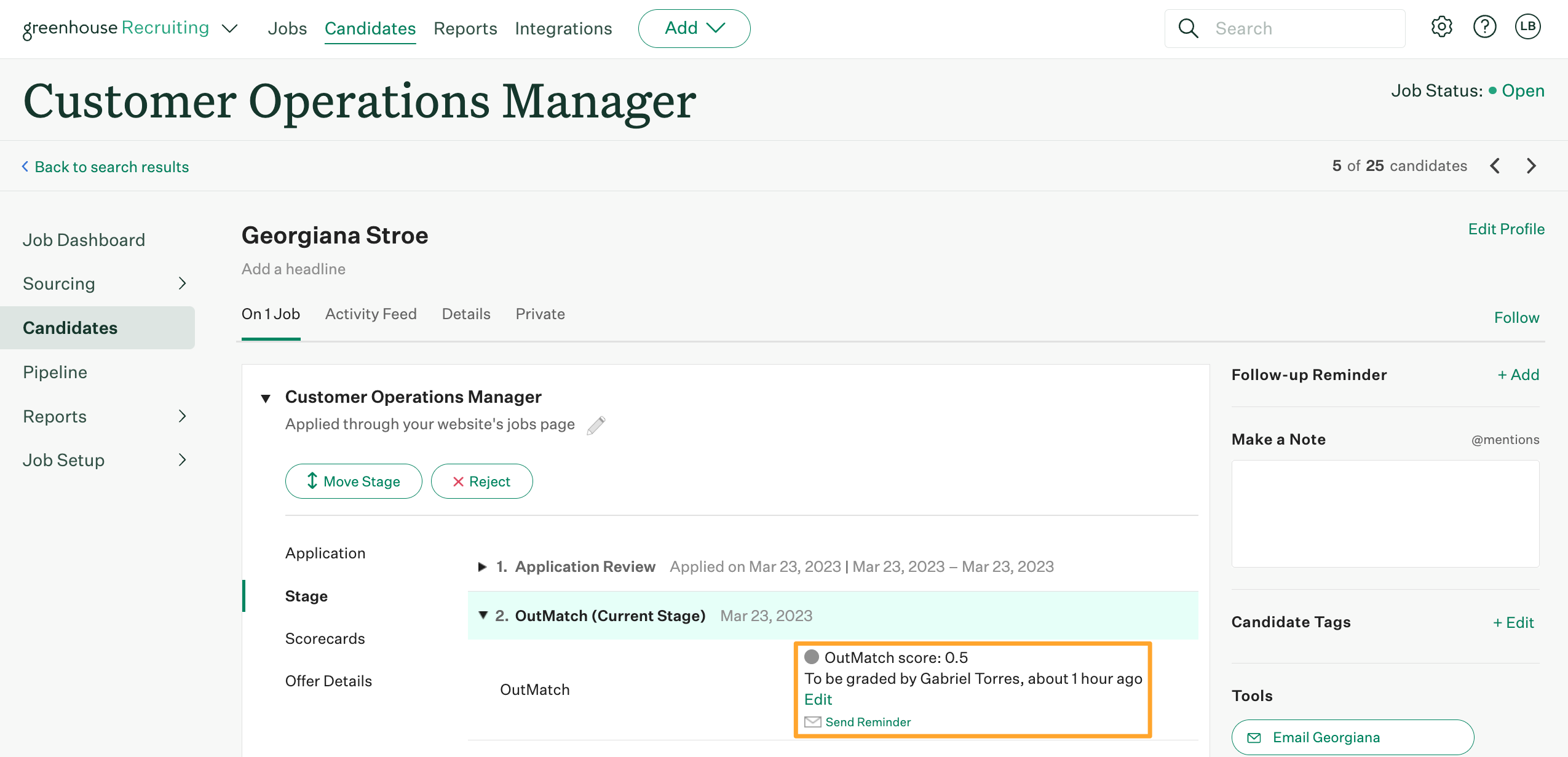 OutMatch integration shows an OutMatch assessment completed with a score of .5 to be graded by Gabriel Torres