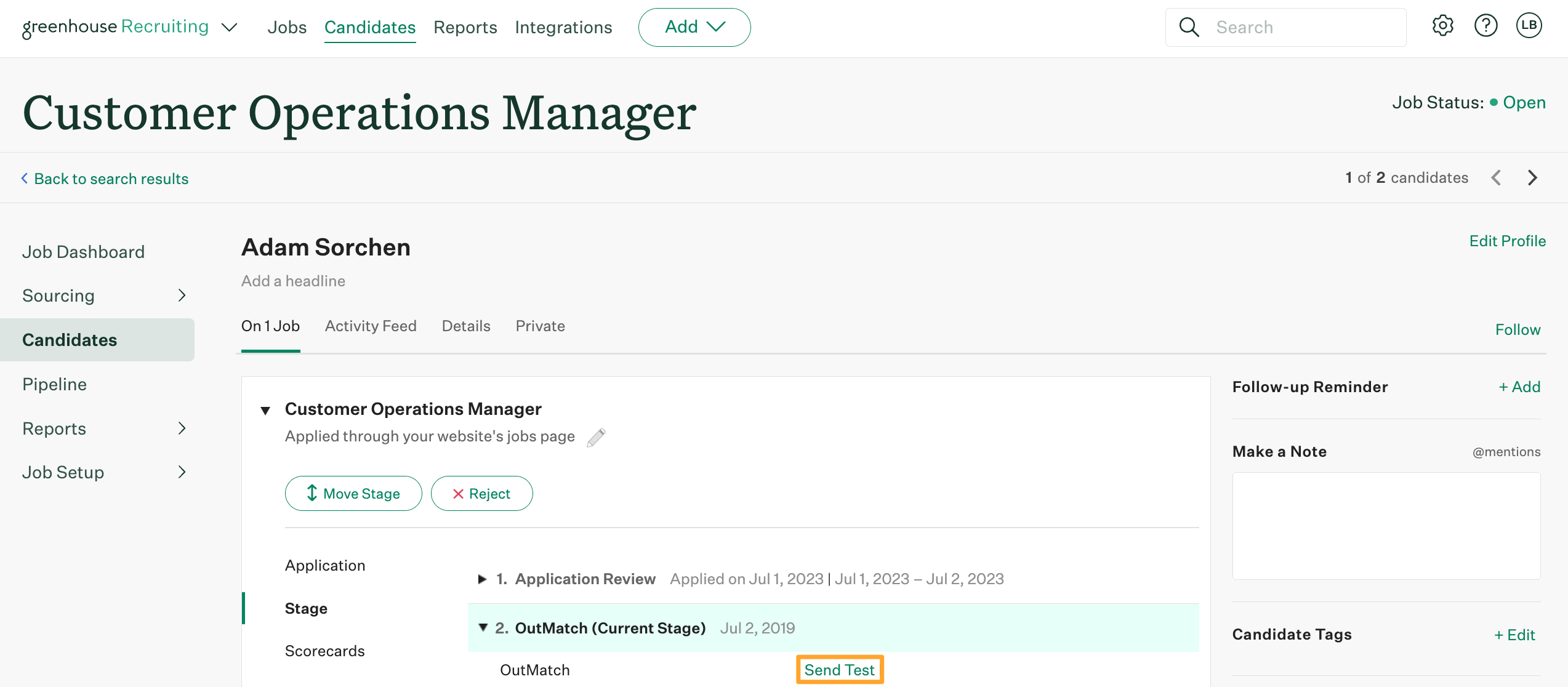 OutMatch integration shows an example candidate named Adam Sorchen with Send Test button highlighted on the OutMatch stage