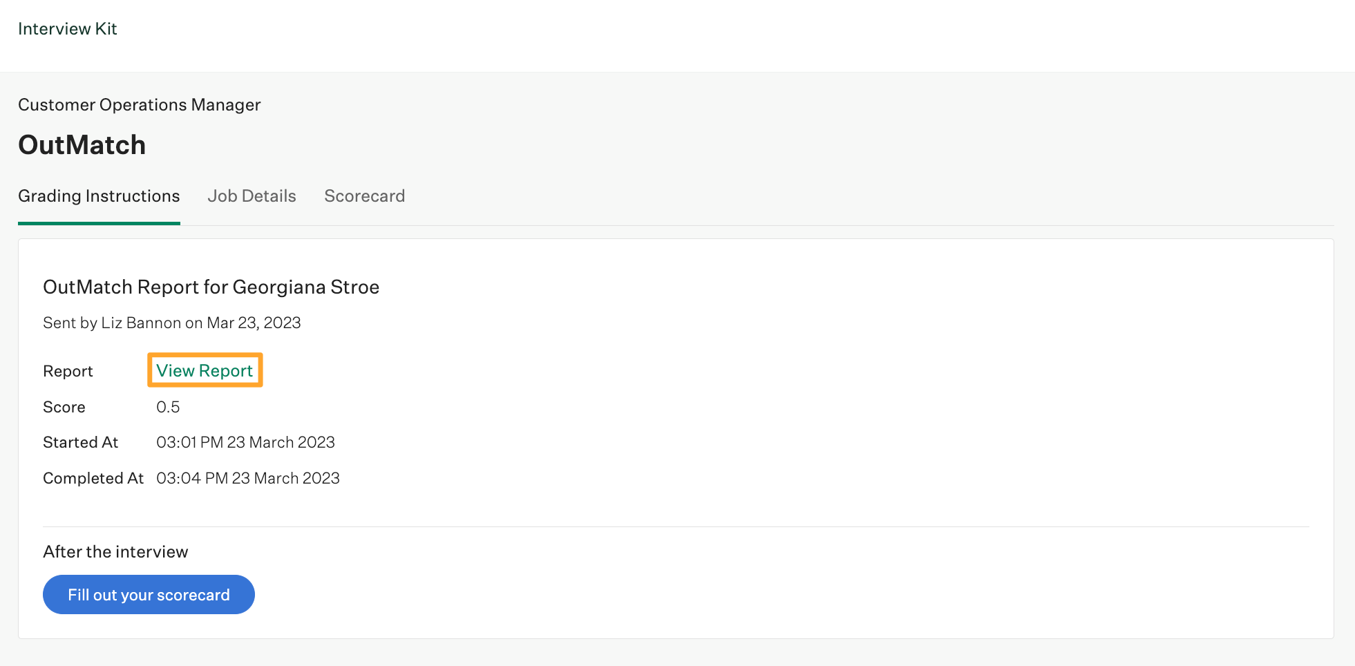 OutMatch stage interview kit for candidate Georgiana Stroe shows the View Report button highlighted in marigold