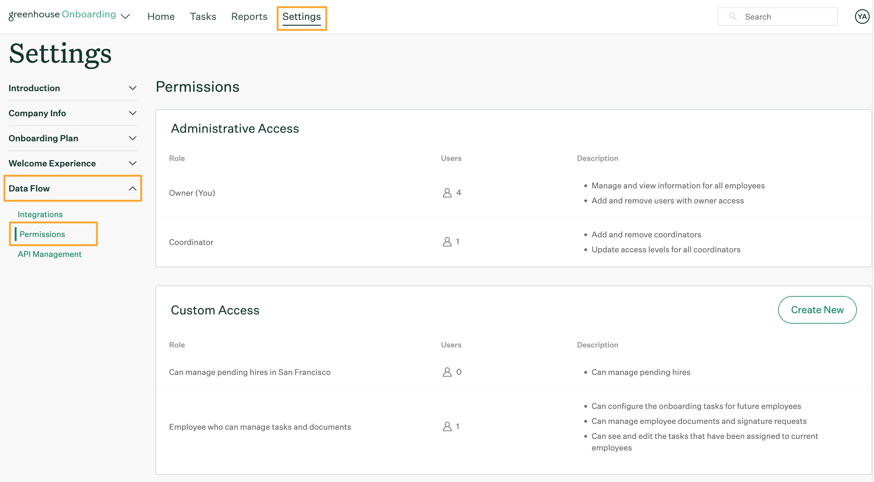 Greenhouse Onboarding permissions page with the settings tab highlighted on the navigation bar and permissions tab highlighted in the left panel