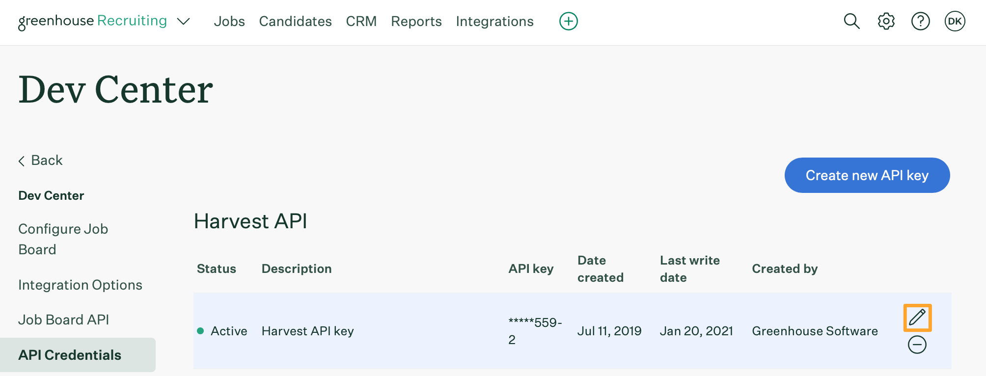 The API Credentials page shows an example API key with the Edit icon highlighted in marigold on the right