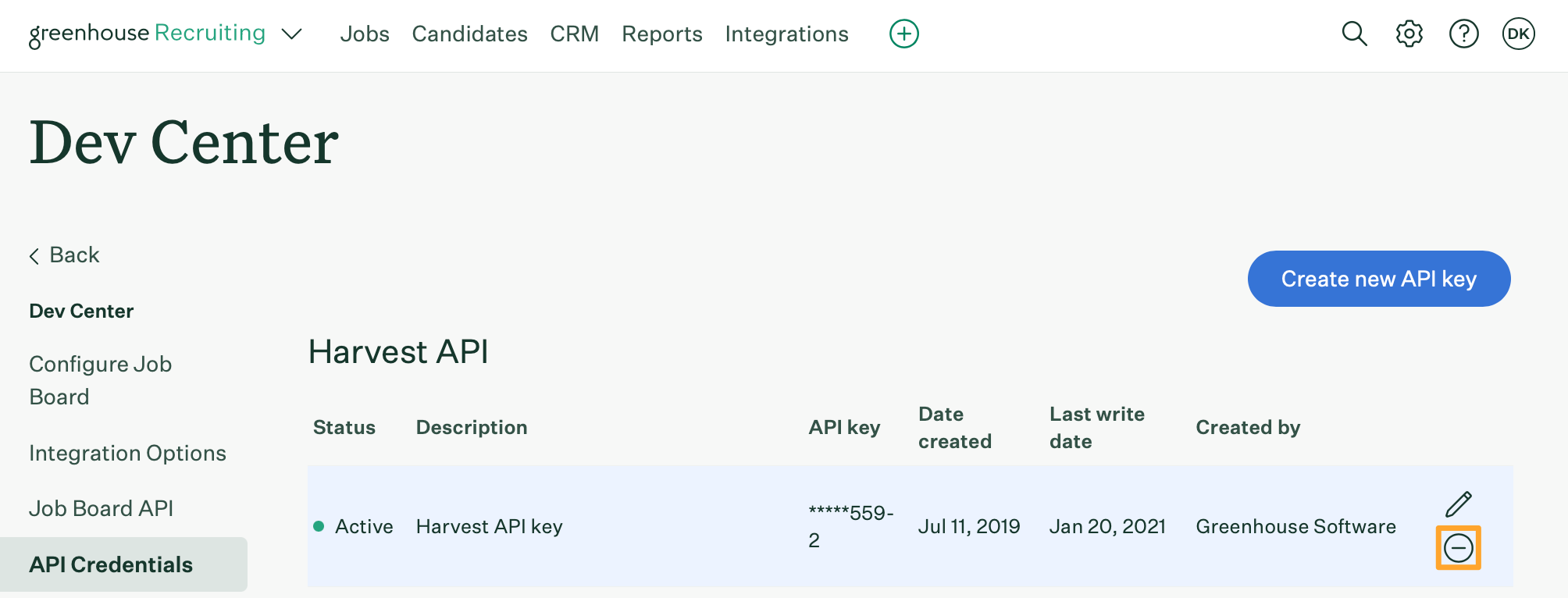 The API credential management page shows an example API key with the Revoke icon highlighted in marigold on the right