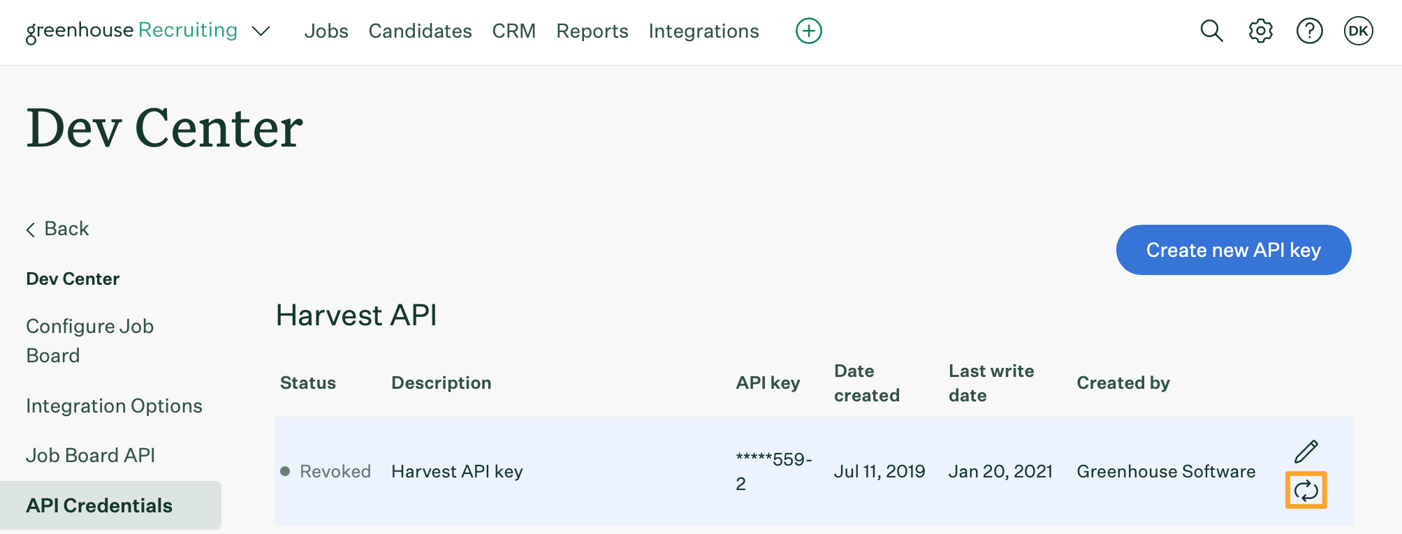 The API credential management page shows an example API key that has been revoked with the reactivate icon highlighted in marigold to the right of the key name