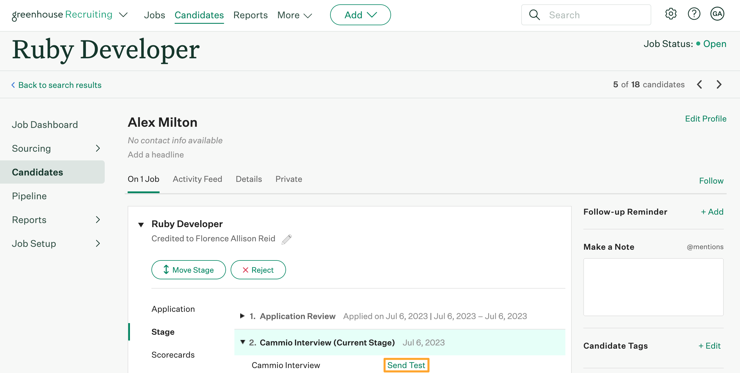 The Cammio integration shows an example candidate named Alex Milton on the Cammio stage in Greenhouse Recruiting with Send Test highlighted in marigold beside the Cammio interview stage