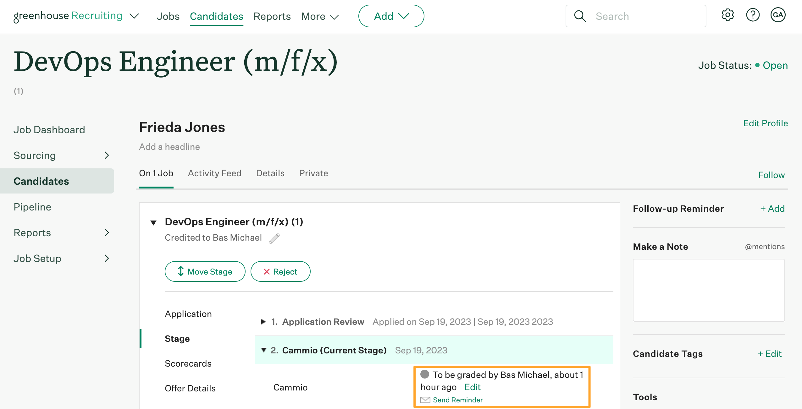 The Cammio integration on Greenhouse Recruiting shows an example candidate named Frieda Jones on the Cammio interview stage with their assessment ready to be graded by Bas Michael