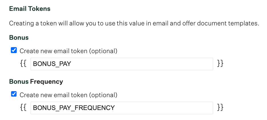 Checkboxes checked next to compensation field email tokens indicating that new tokens will be created for the compensation fields