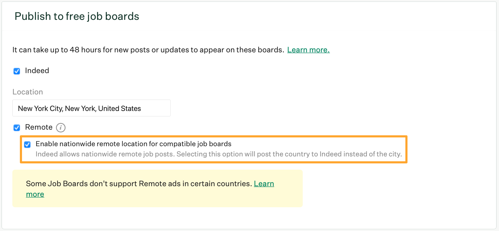 The Indeed free job posts option shows Enable nationwide remote job posts on an example job post