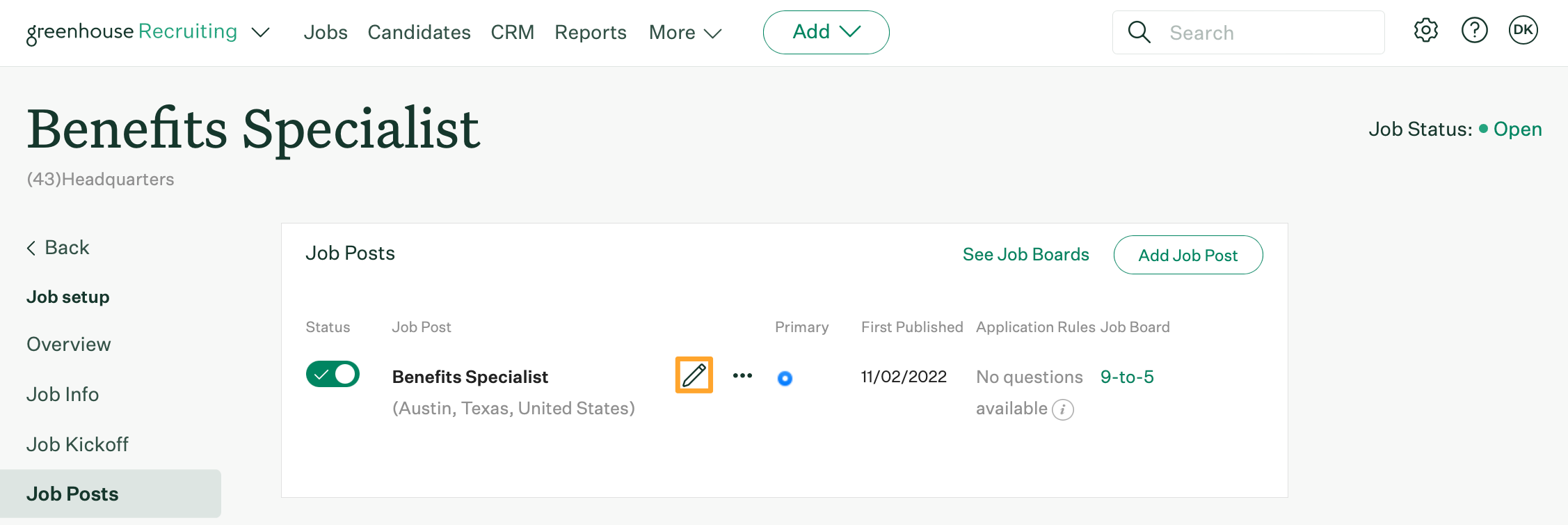 An example job called Benefits Specialist is shown with the job post called Benefits Specialist and the Edit icon highlighted beside the job post name