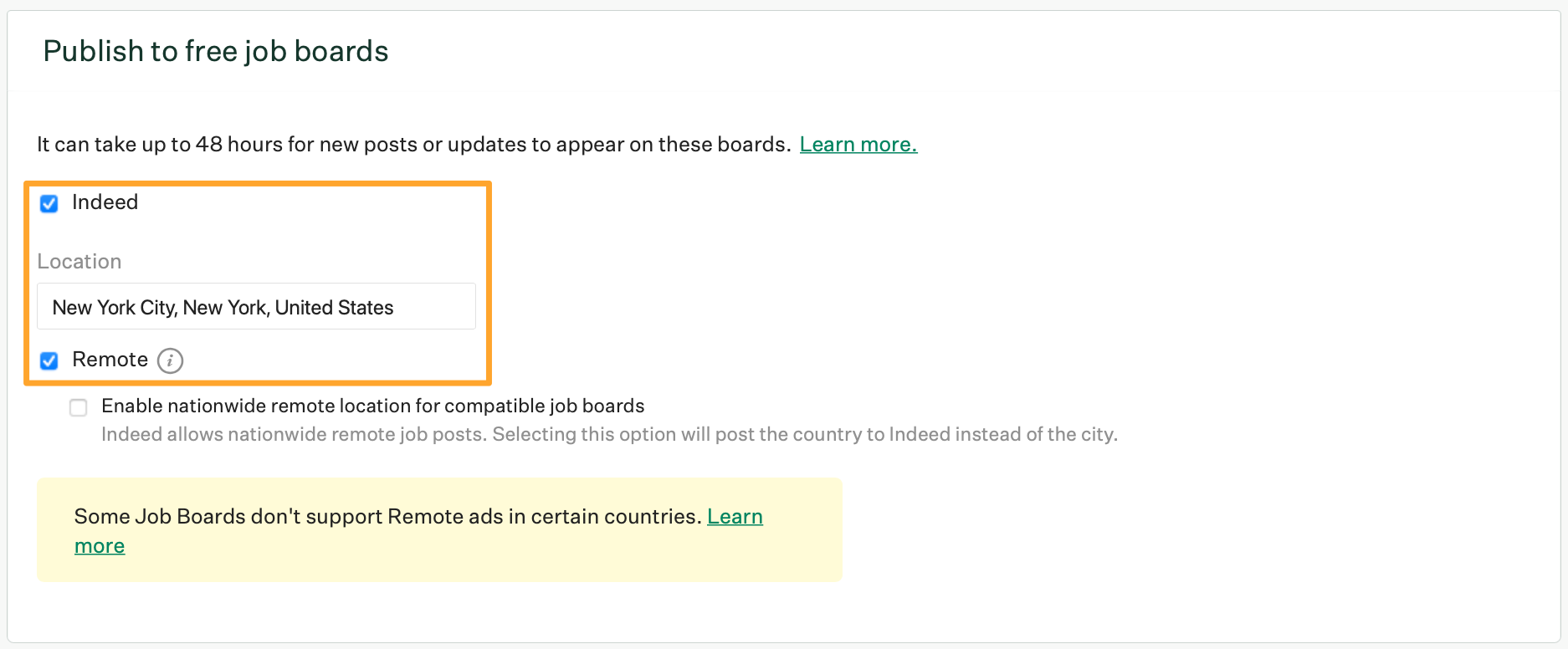 The publish to free job boards section is shown with Indeed checked and New York City, New York, United States chosen as the location