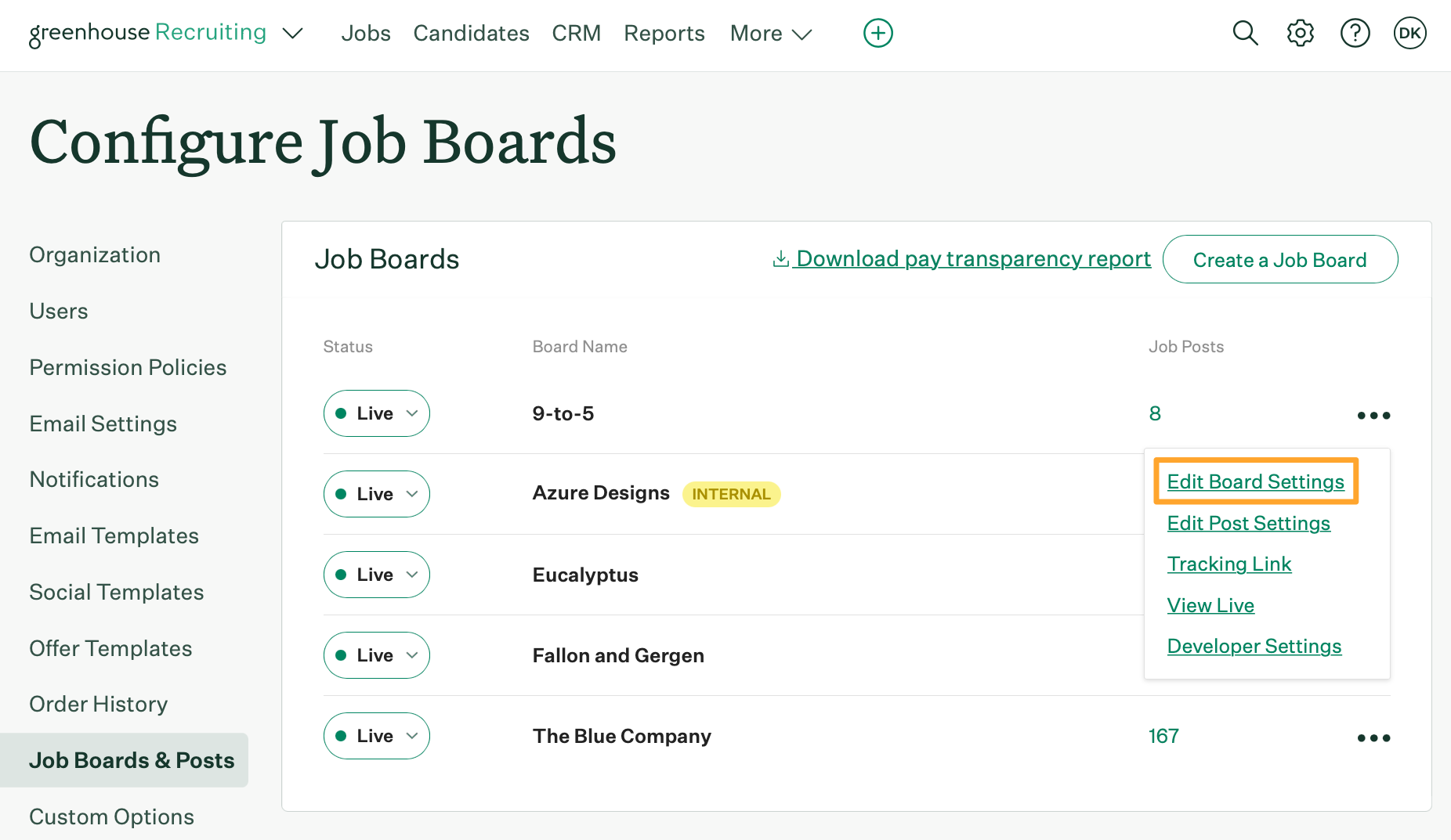 The Configure Job Boards page shows example job boards with Edit Board Settings highlighted in marigold on a job board dropdown menu