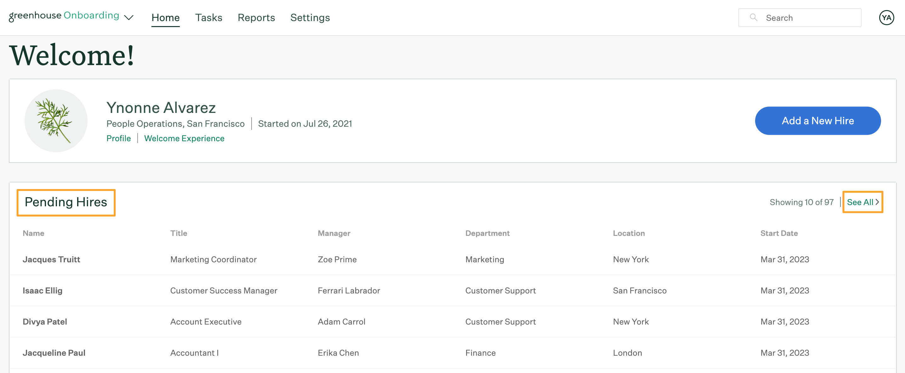 Greenhouse Onboarding homepage with pending hires panel and see all button highlighted