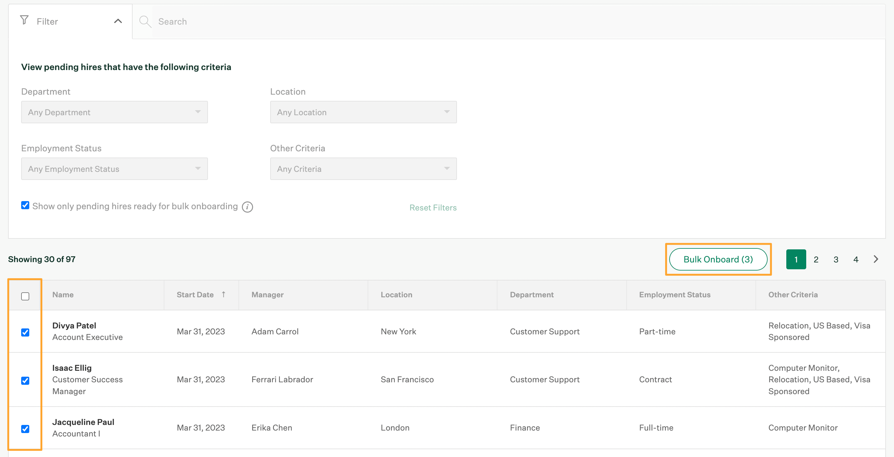 Pending hires report page with pending hire checkboxes marked and bulk onboard button highlighted