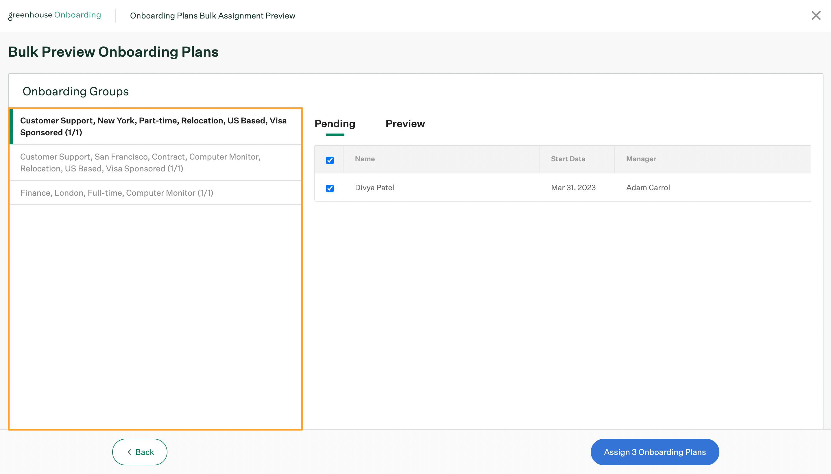 Bulk preview onboarding plans page with onboarding groups panel highlighted