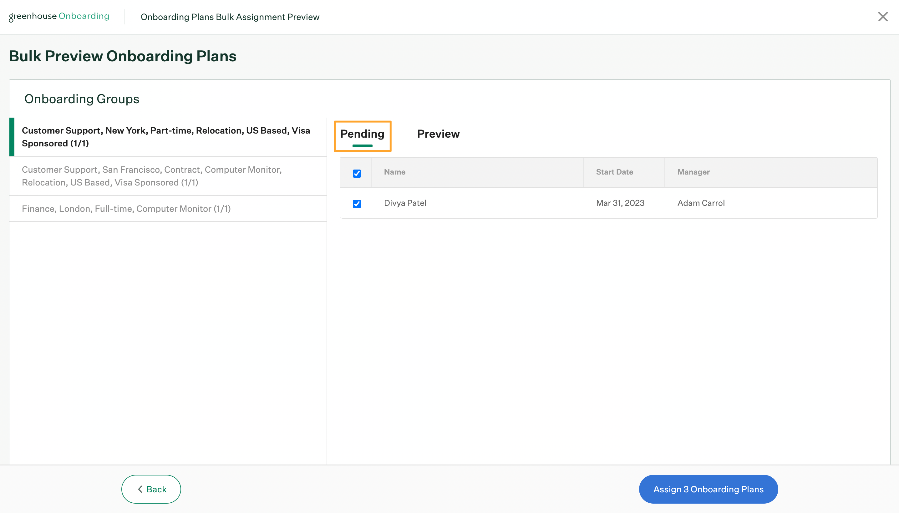 Bulk preview onboarding plans page with pending tab highlighted