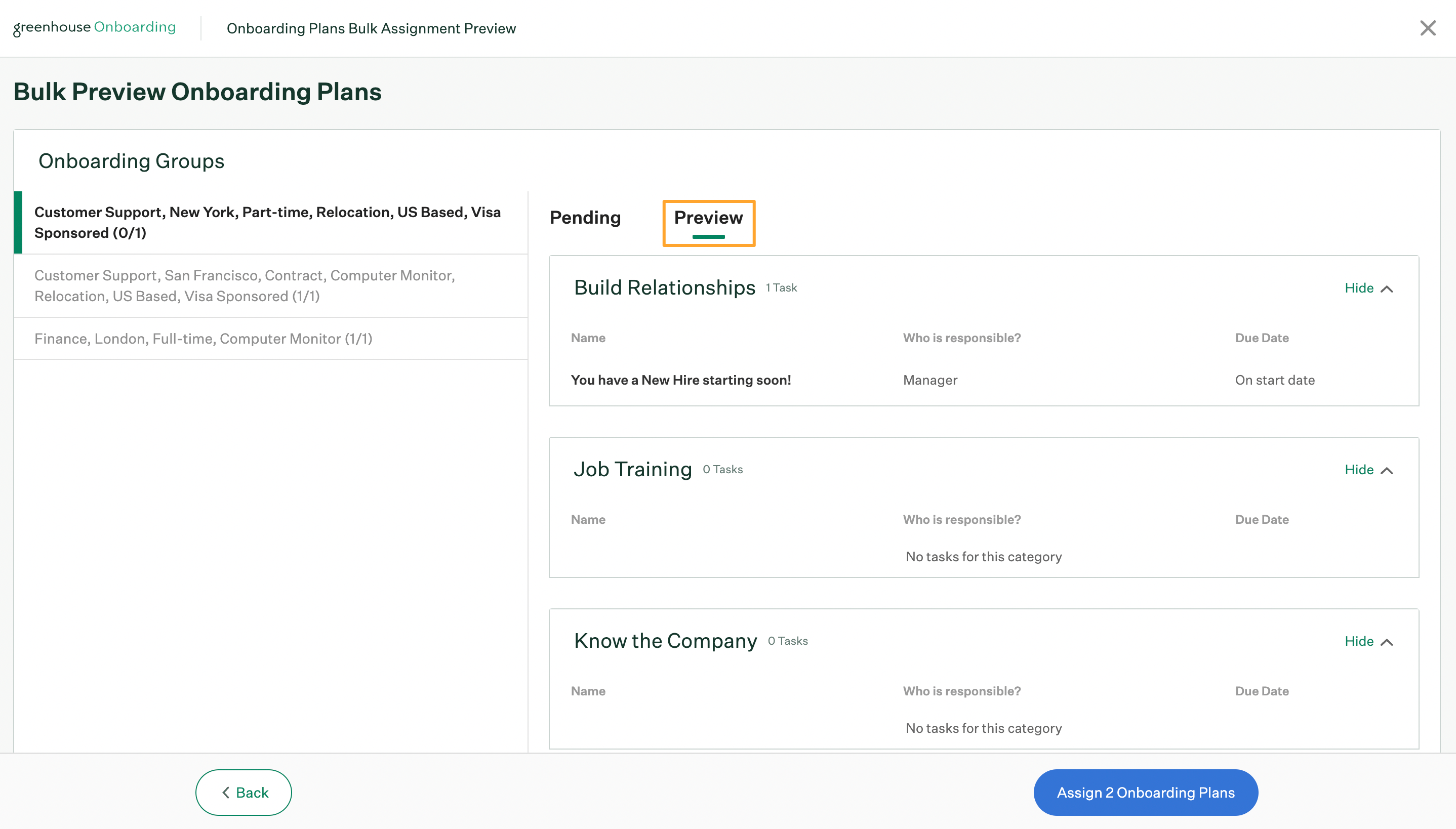 Bulk preview onboarding plans page with preview tab selected and highlighted