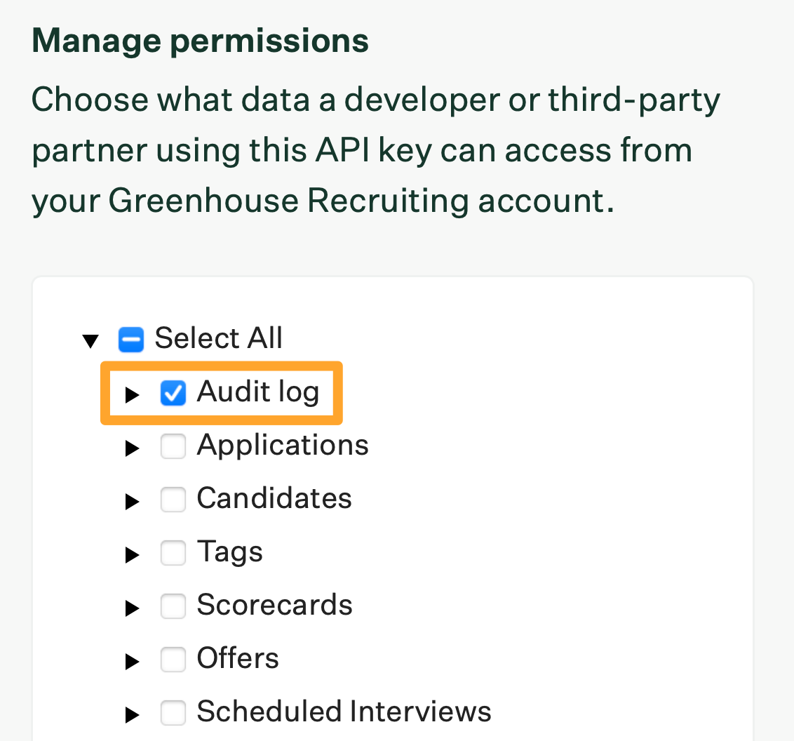 The Manage Permissions section shows the Audit log option checked and highlighted in marigold