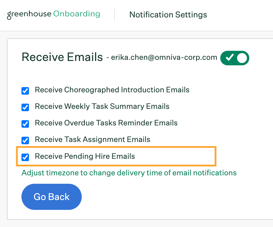 Receive pending hire emails checkbox highlighted on user account settings page