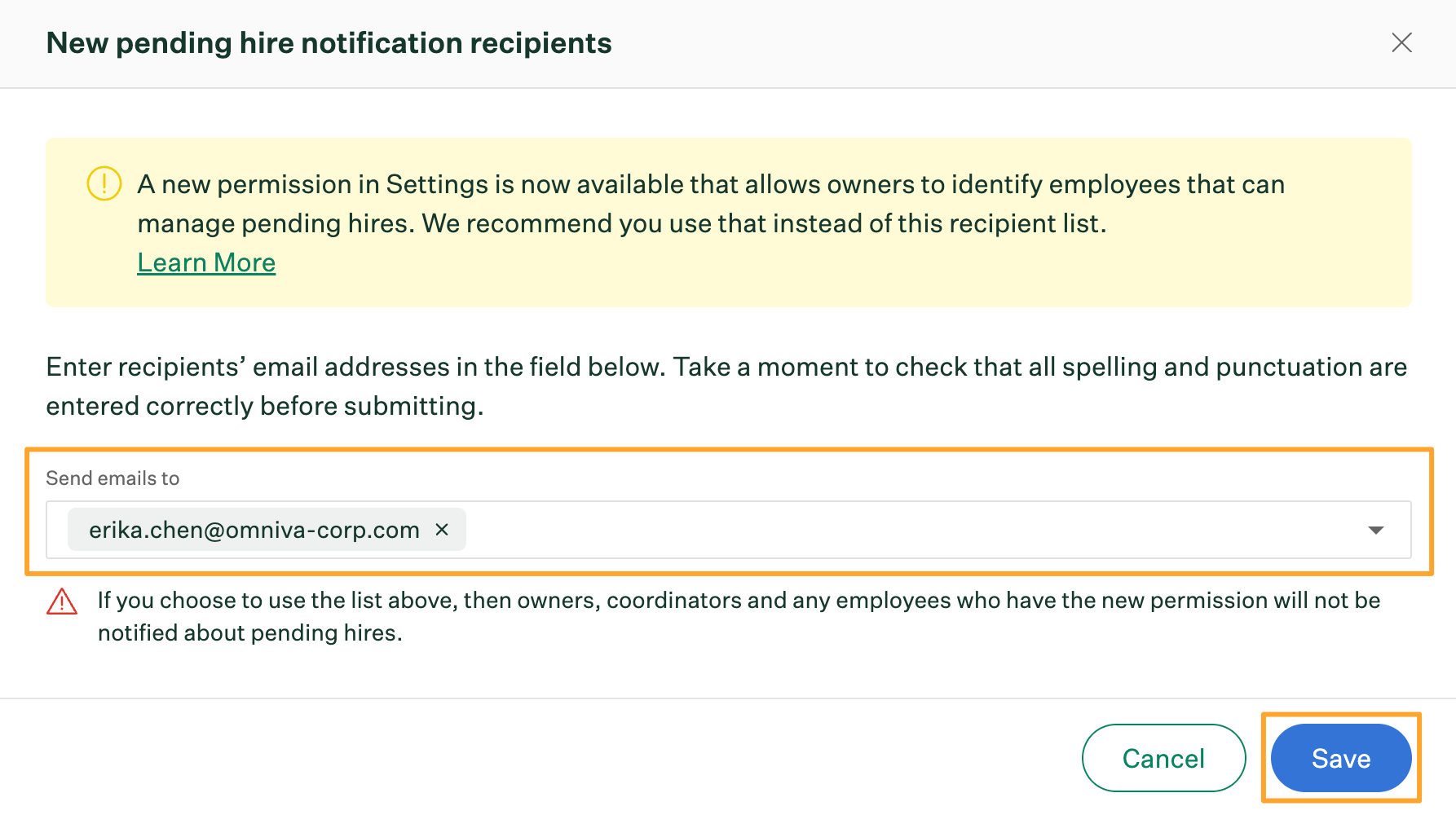 New pending hire notification recipient configuration window with recipient field and save button highlighted