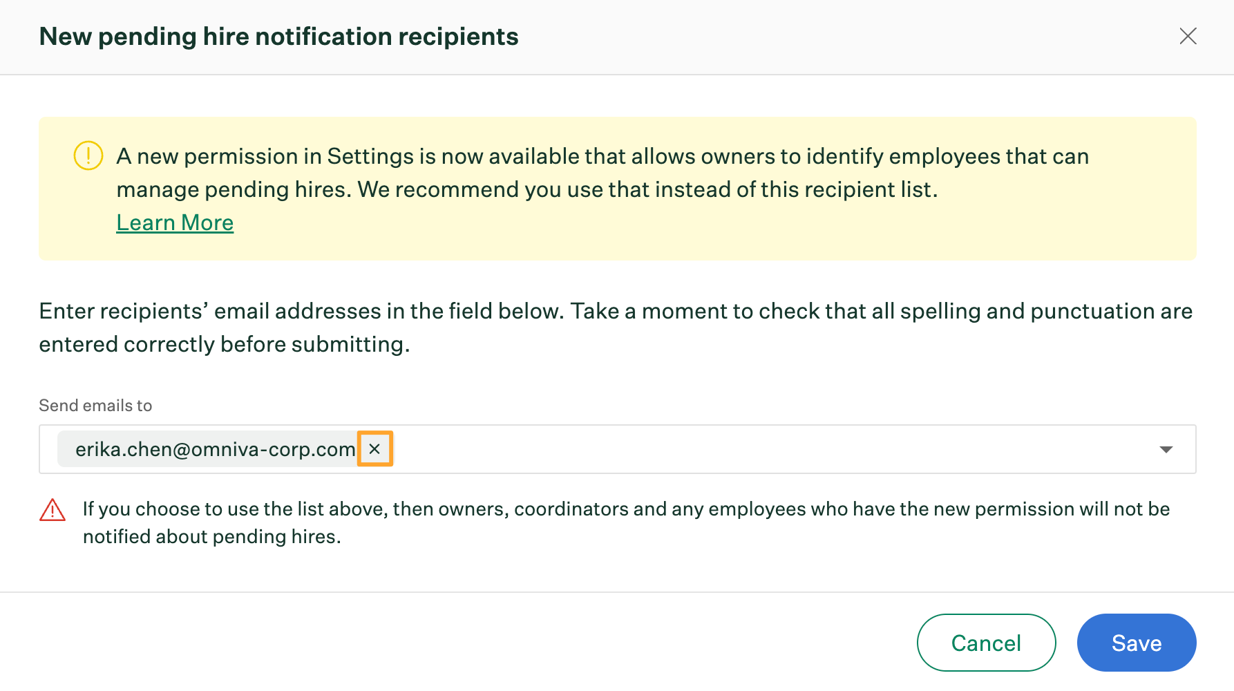 New pending hire notification recipient configuration with delete recipient icon highlighted
