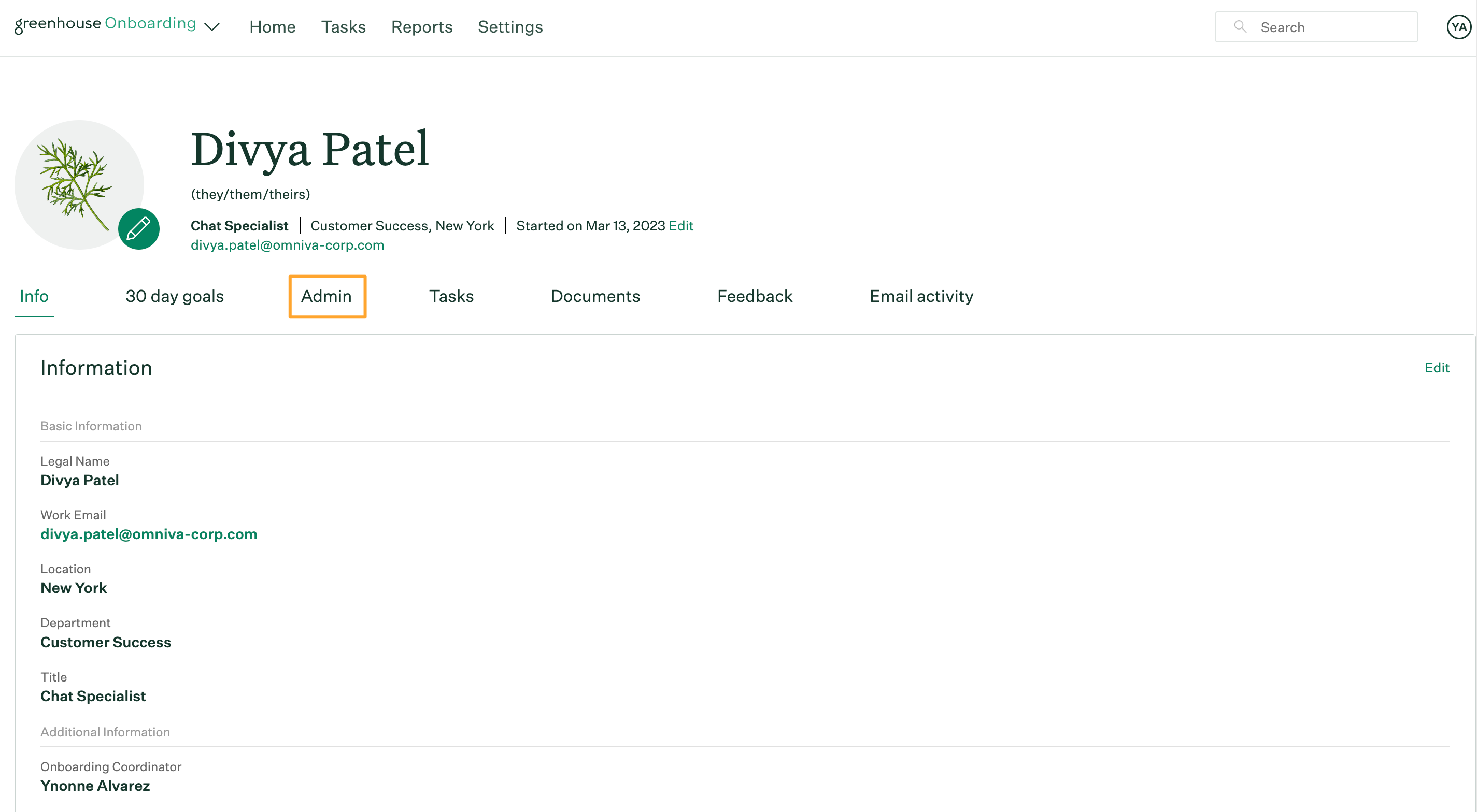 Owner view of employee profile in Greenhouse Onboarding with Admin tab highlighted