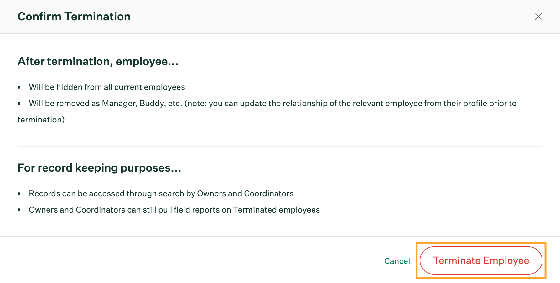 Confirm termination window with terminate employee button highlighted