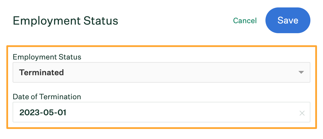 Employment status section with terminated employee status and termination date filled out and highlighted