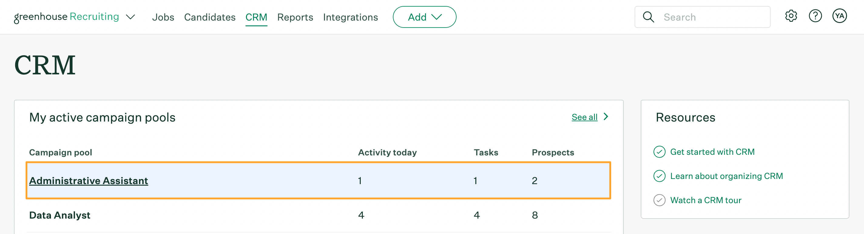 My active campaign pools on the CRM page with an existing campaign pool highlighted in marigold