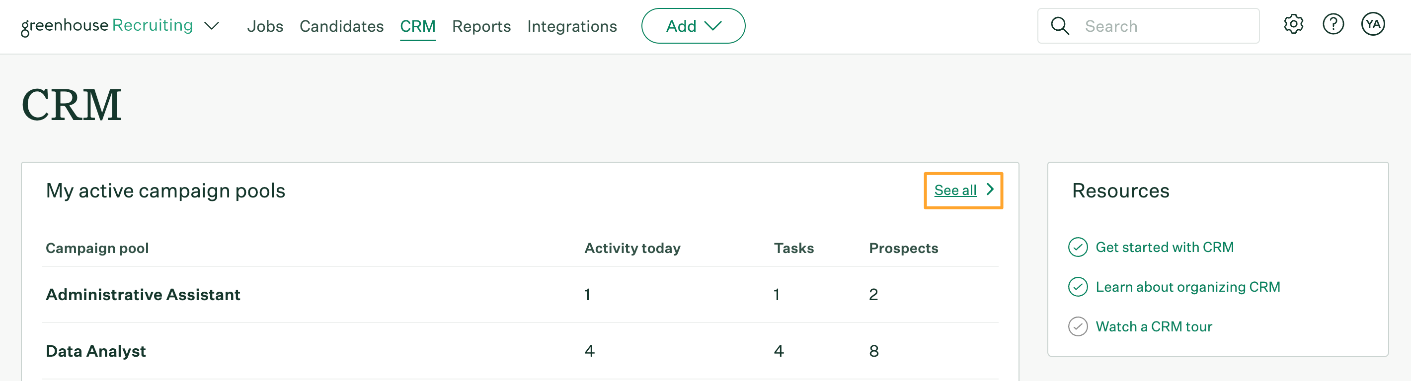 My active campaign pools section on CRM page with see all button highlighted in marigold