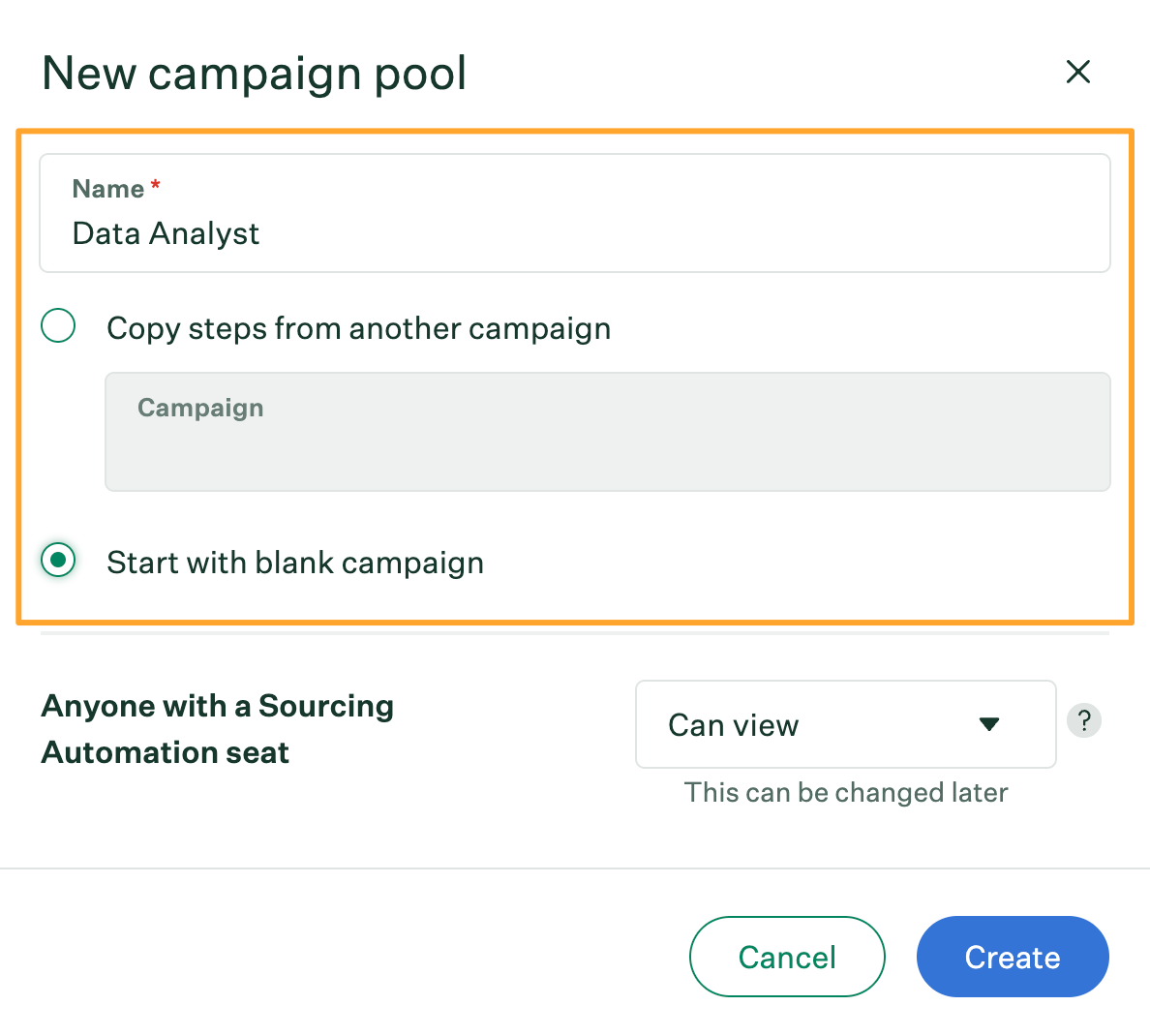 New campaign pool window with name filled out and start with blank campaign option selected