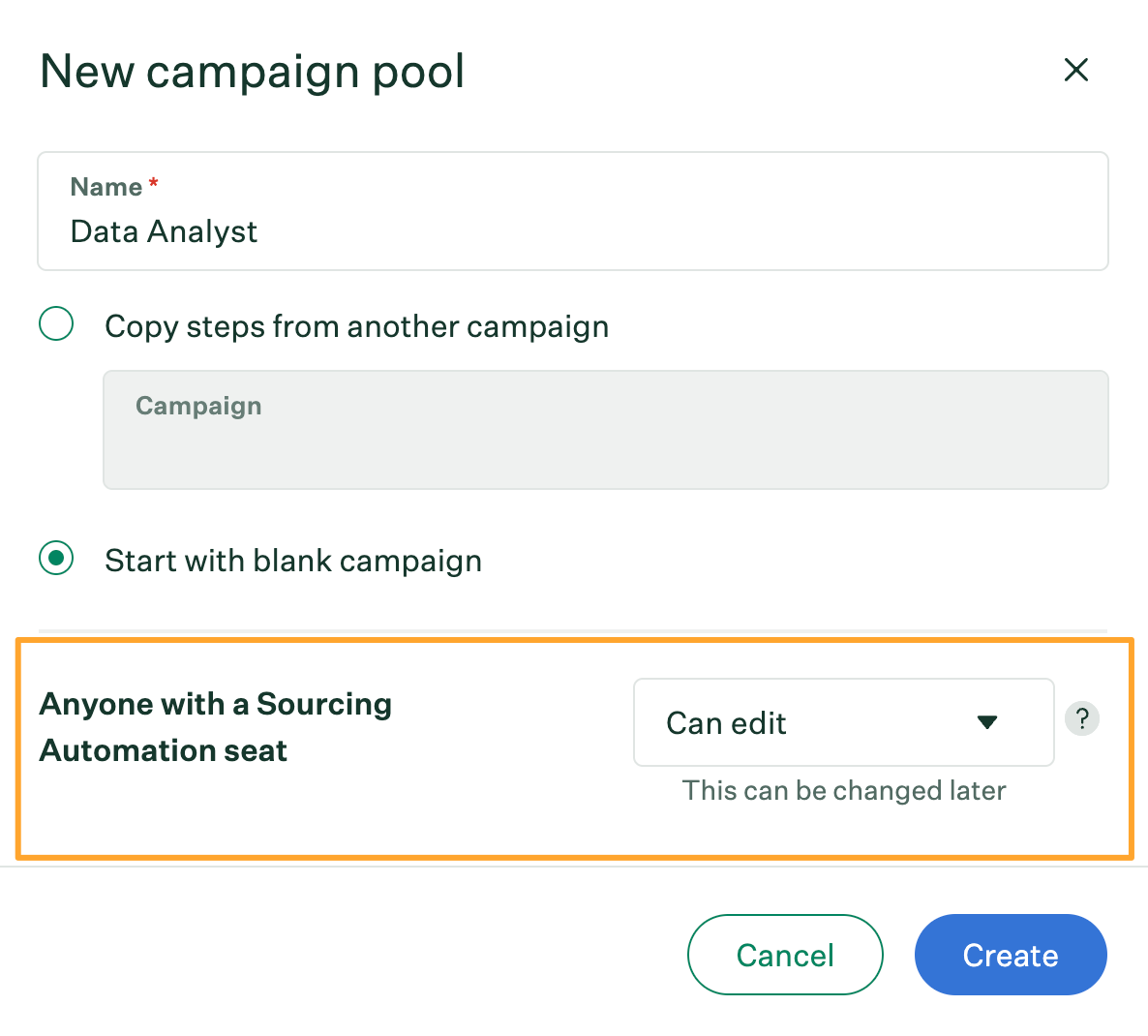 New campaign pool window with can view and can edit access permissions highlighted and can edit permission selected