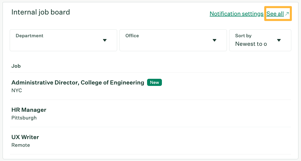 Internal job board tile with an orange box around the See all button