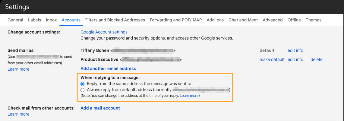 Gmail account settings with reply from the same address setting turned on
