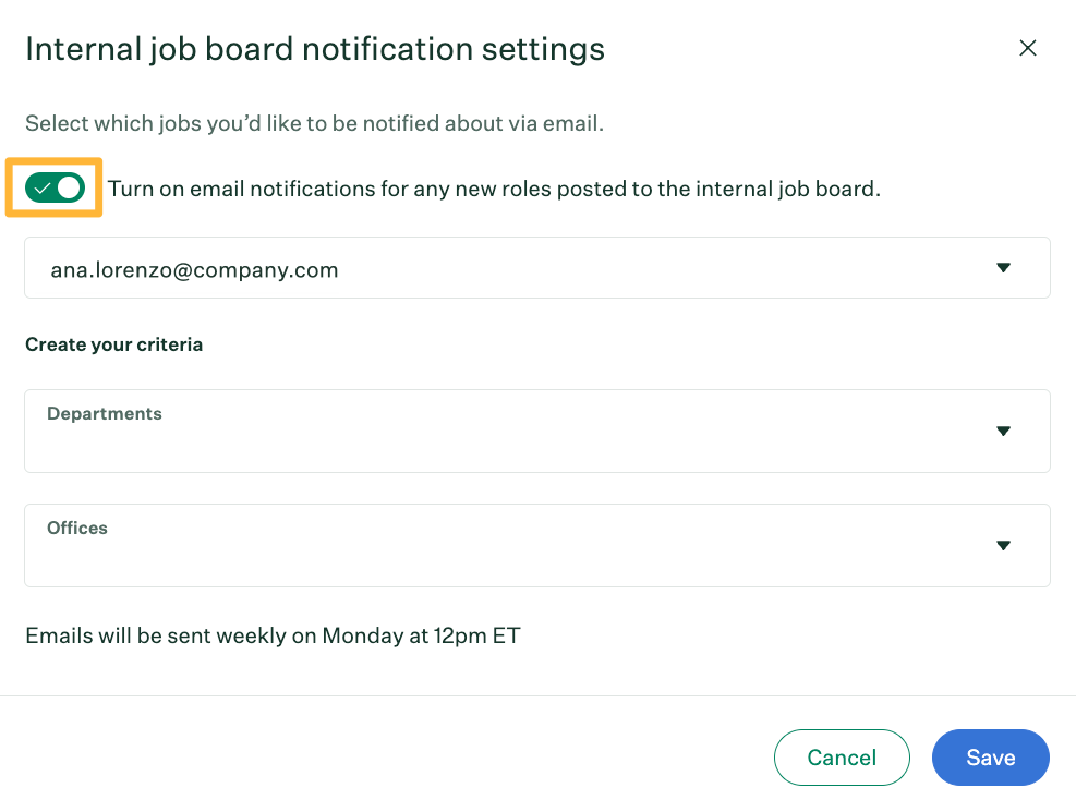 Internal job board notifications settings window
