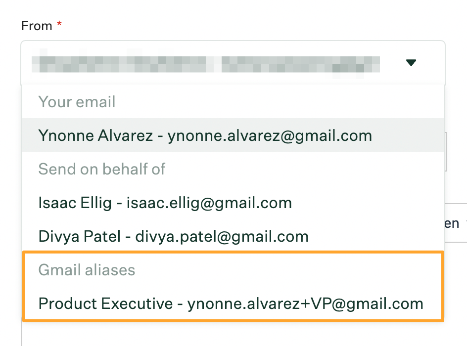 From field on a campaign step with a Gmail alias option highlighted in marigold
